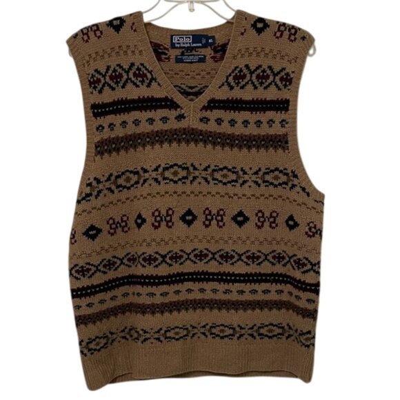 Polo Ralph Lauren VTG Brown Wool Fair Isle Hand Knit Sweater Vest Mens Size XL - Picture 1 of 9